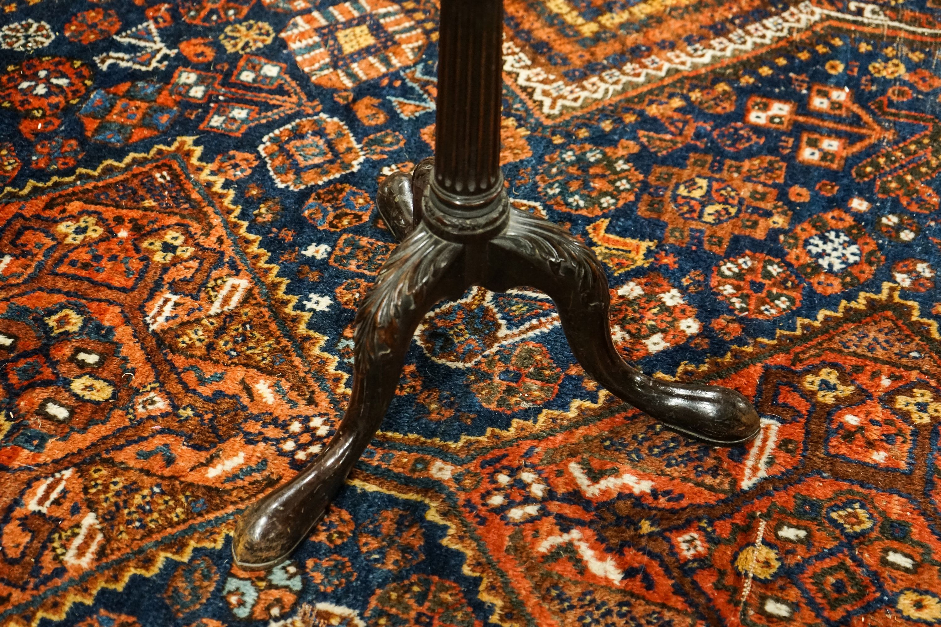 A George III rectangular mahogany tripod wine table (altered), width 53cm, depth 46cm, height 75cm